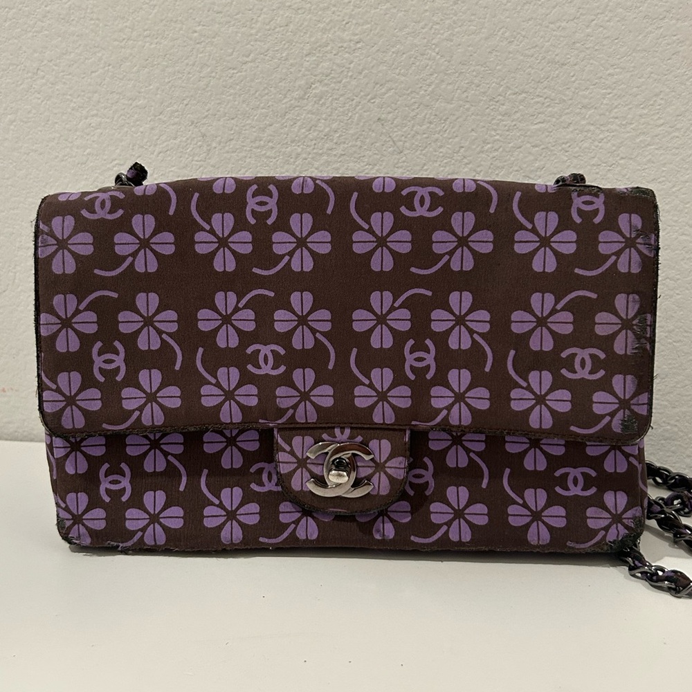 Vintage Chanel Purple and Brown Clover Women's Bag with CC Flap Closure